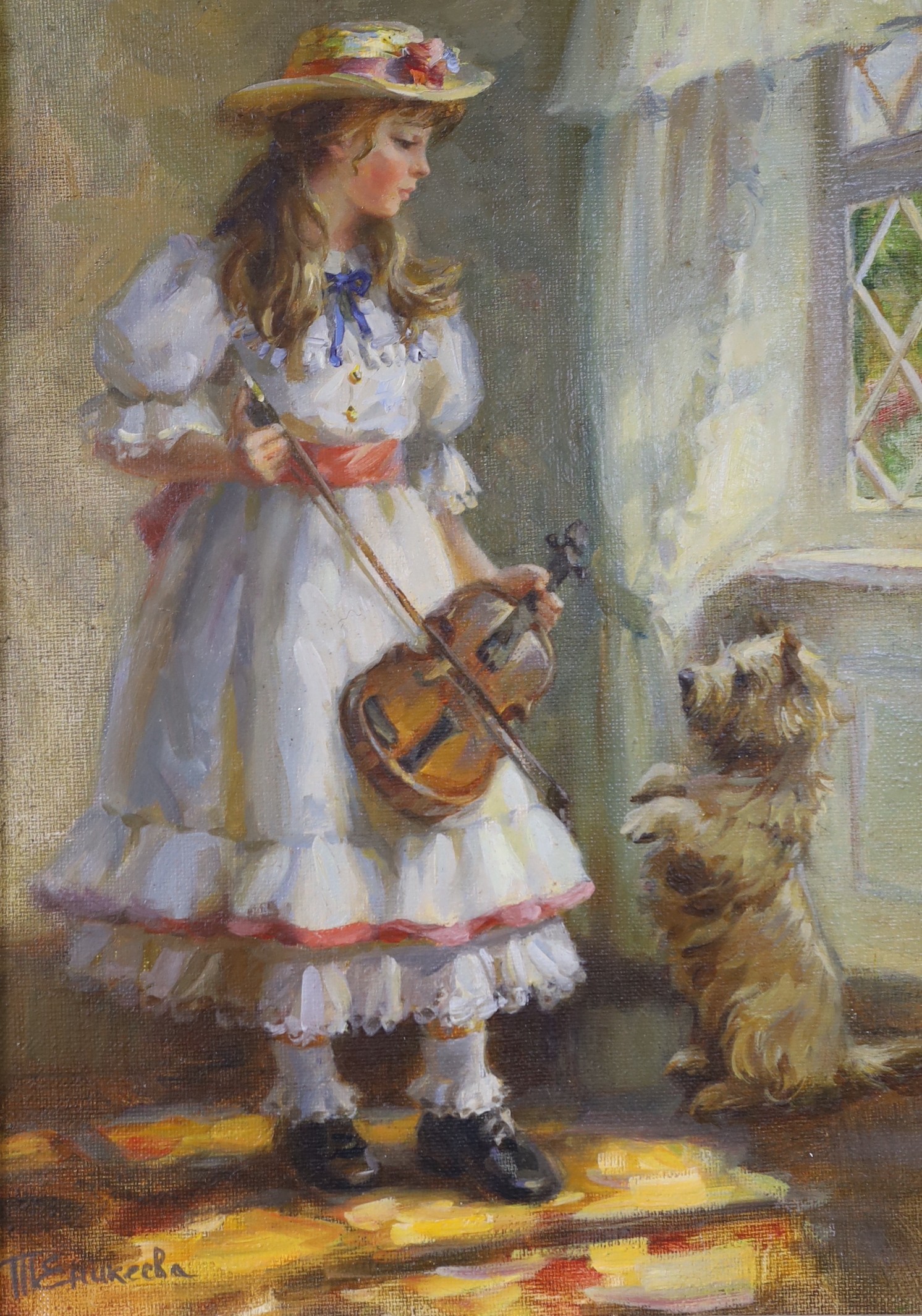 T. Erukecha, oil on canvas, Girl violinist and terrier, signed and inscribed verso, 32 x 23cm